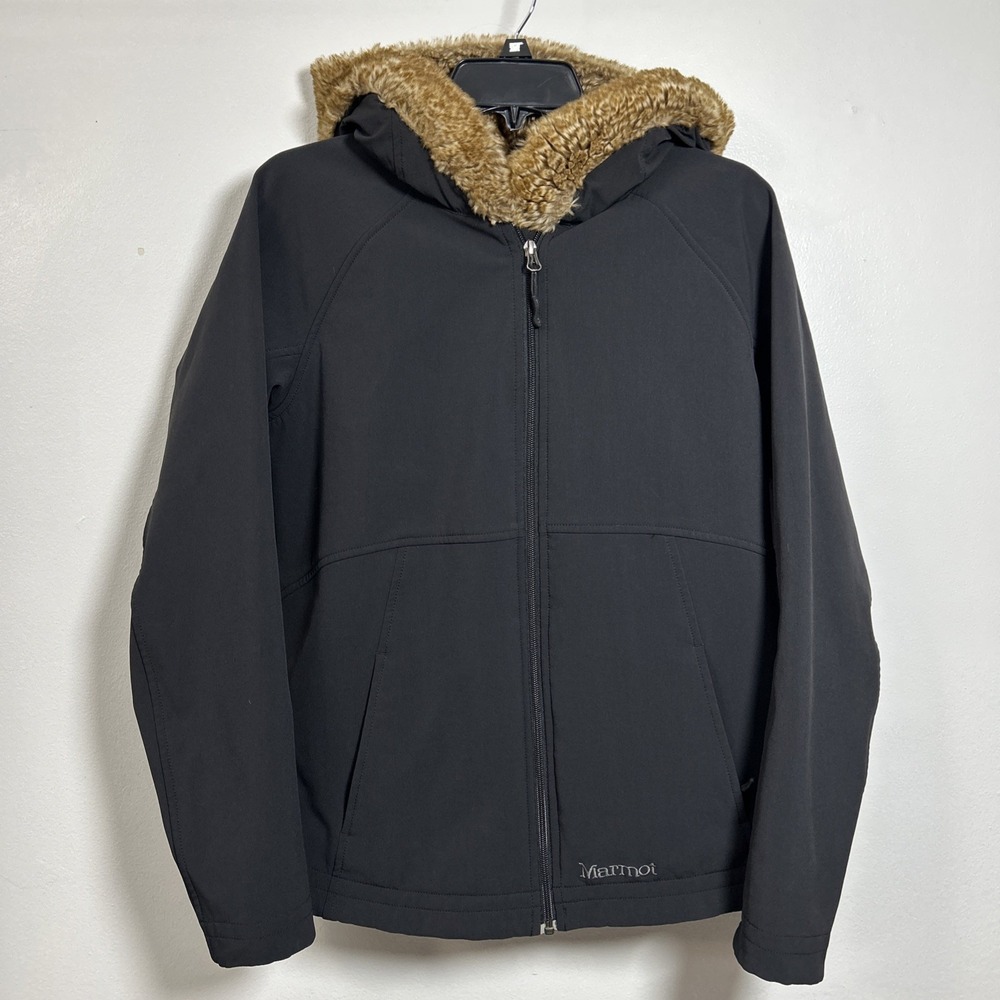 Marmot  Women L Jacket Black Faux Fur Lined Hooded‎ 3896